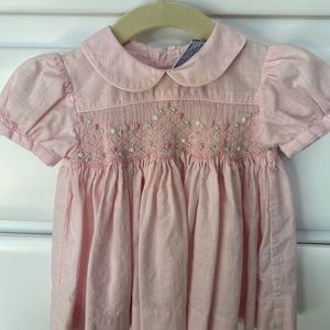 Baby girl pink smocked dress and bloomers